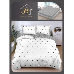 Lenjerie de Pat Dublu Bumbac Satinat Superior 4 Piese cu Cearșaf cu Elastic – Model Inimioare Albe & Negru, LLE-021