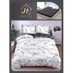 Lenjerie de Pat Dublu Bumbac Satinat Superior 4 Piese cu Cearșaf cu Elastic – Model Marmură Albă, LLE-023
