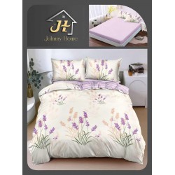 Lenjerie de Pat Dublu Bumbac Satinat Superior 4 Piese cu Cearșaf cu Elastic – Model Lavandă Mov pe Crem, LLE-029