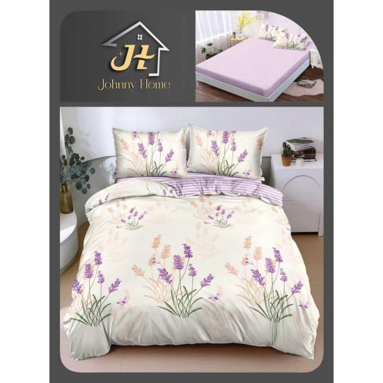 Lenjerie de Pat Dublu Bumbac Satinat Superior 4 Piese cu Cearșaf cu Elastic – Model Lavandă Mov pe Crem, LLE-029 Oferta Trio 229