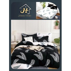Lenjerie de Pat Dublu Bumbac Satinat Superior 4 Piese cu Cearșaf cu Elastic – Model Frunze Tropicale Alb/Negru, LLE-030