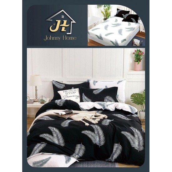 Lenjerie de Pat Dublu Bumbac Satinat Superior 4 Piese cu Cearșaf cu Elastic – Model Frunze Tropicale Alb/Negru, LLE-030 Oferta Trio 229