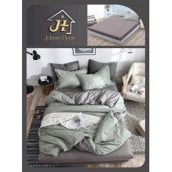Lenjerie de Pat Dublu Bumbac Satinat Superior 4 Piese cu Cearșaf cu Elastic – Model Uni Verde Salvie și Gri, LLE-031