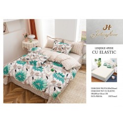 Lenjerie de Pat Dublu Bumbac Satinat Superior 4 Piese cu Cearșaf cu Elastic – Model Flori Turcoaz pe Bej, LLE-033