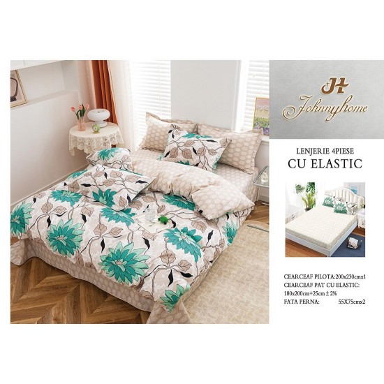 Lenjerie de Pat Dublu Bumbac Satinat Superior 4 Piese cu Cearșaf cu Elastic – Model Flori Turcoaz pe Bej, LLE-033 Oferta Trio 229