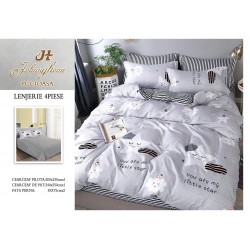 Lenjerie de Pat Dublu Bumbac Satinat Superior 4 Piese cu Cearșaf cu Elastic – Model Gri cu Norișori și Stele, LLE-034