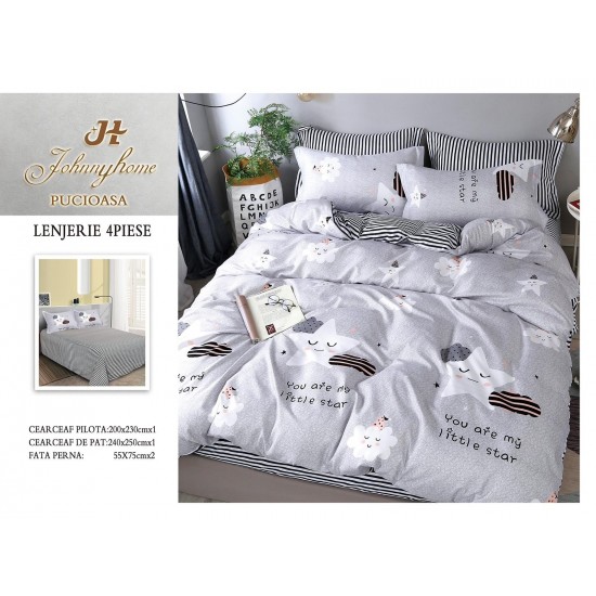 Lenjerie de Pat Dublu Bumbac Satinat Superior 4 Piese cu Cearșaf cu Elastic – Model Gri cu Norișori și Stele, LLE-034 Oferta Trio 229