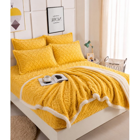 Set 6 Piese, Pătură cu Blăniță, Cearșaf cu Elastic și 4 Fețe de Pernă, Galben, SPH-001 Set Patura cu Blanita cu Ceasaf cu ELASTIC plus 2 Fete de Perna