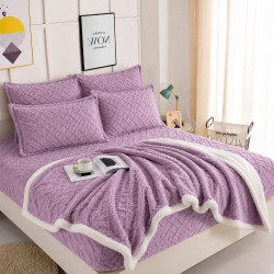 Set 6 Piese, Pătură cu Blăniță, Cearșaf cu Elastic și 4 Fețe de Pernă, Lila, SPH-009
