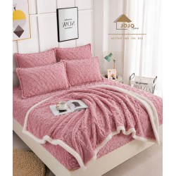 Set 6 Piese, Pătură cu Blăniță, Cearșaf cu Elastic și 4 Fețe de Pernă, Roz, SPH-008