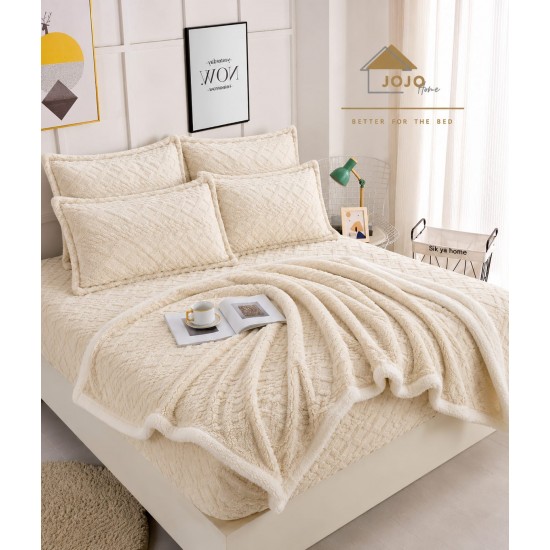 Set 6 Piese, Pătură cu Blăniță, Cearșaf cu Elastic și 4 Fețe de Pernă, Crem, SPH-007 Set Patura cu Blanita cu Ceasaf cu ELASTIC plus 2 Fete de Perna