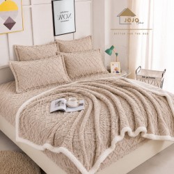 Set 6 Piese, Pătură cu Blăniță, Cearșaf cu Elastic și 4 Fețe de Pernă, Bej, SPH-005
