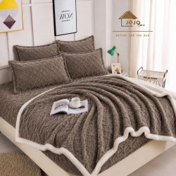 Set 6 Piese, Pătură cu Blăniță, Cearșaf cu Elastic și 4 Fețe de Pernă, Maro, SPH-004