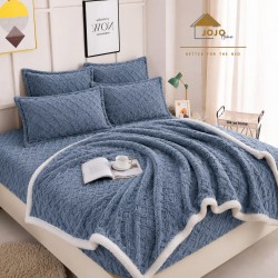 Set 6 Piese Pătură Cocolino cu Blăniță, Cearșaf cu Elastic și 4 Fețe de Pernă – Gri Albăstrui, SPH-003