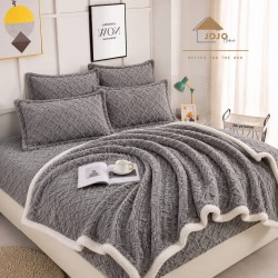 Set 6 Piese Pătură Cocolino cu Blăniță, Cearșaf cu Elastic și 4 Fețe de Pernă – Gri Inchis, SPH-002