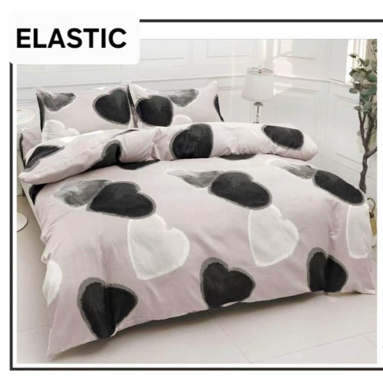 Set Lenjerie Pat Dublu Bumbac Satinat 4 Piese cu Cearșaf cu Elastic – Model Inimi Alb-Negru, LES-076 3 lenjerii la 199 lei