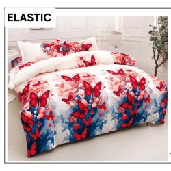 Set Lenjerie Pat Dublu Bumbac Satinat 4 Piese cu Cearșaf cu Elastic – Model Fluturi Roșii, LES-078