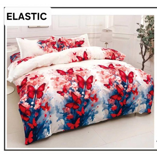 Set Lenjerie Pat Dublu Bumbac Satinat 4 Piese cu Cearșaf cu Elastic – Model Fluturi Roșii, LES-078 3 lenjerii la 199 lei