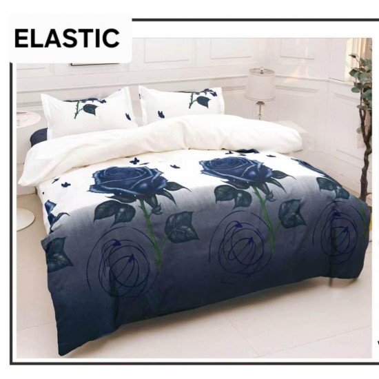 Set Lenjerie Pat Dublu Bumbac Satinat 4 Piese cu Cearșaf cu Elastic – Model Trandafiri Albaștri, LES-079 3 lenjerii la 199 lei