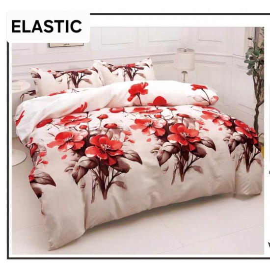 Set Lenjerie Pat Dublu Bumbac Satinat 4 Piese cu Cearșaf cu Elastic – Model Flori Roșii Elegance, LES-080 3 lenjerii la 199 lei