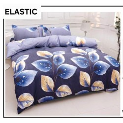 Set Lenjerie Pat Dublu Bumbac Satinat 4 Piese cu Cearșaf cu Elastic – Model Frunze Albastre, LES-081