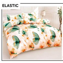 Set Lenjerie Pat Dublu Bumbac Satinat 4 Piese cu Cearșaf cu Elastic – Model Fluturi Verzi, LES-082