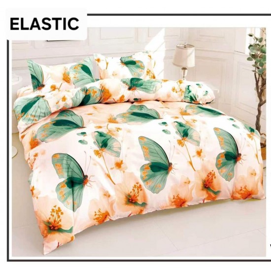 Set Lenjerie Pat Dublu Bumbac Satinat 4 Piese cu Cearșaf cu Elastic – Model Fluturi Verzi, LES-082 3 lenjerii la 199 lei