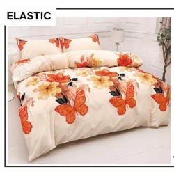 Set Lenjerie Pat Dublu Bumbac Satinat 4 Piese cu Cearșaf cu Elastic – Model Fluturi Portocalii și Flori, LES-083