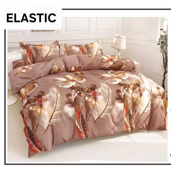 Set Lenjerie Pat Dublu Bumbac Satinat 4 Piese cu Cearșaf cu Elastic – Model Flori Aurii și Pene Decorative, LES-085 3 lenjerii la 199 lei