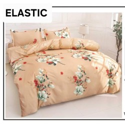 Set Lenjerie Pat Dublu Bumbac Satinat 4 Piese cu Cearșaf cu Elastic – Model Flori Albe pe Fundal Bej, LES-086