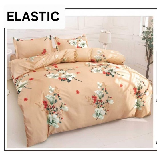 Set Lenjerie Pat Dublu Bumbac Satinat 4 Piese cu Cearșaf cu Elastic – Model Flori Albe pe Fundal Bej, LES-086 3 lenjerii la 199 lei