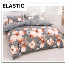 Set Lenjerie Pat Dublu Bumbac Satinat 4 Piese cu Cearșaf cu Elastic – Model Flori Elegante pe Gri, LES-087