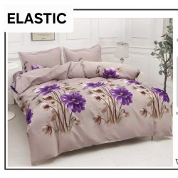 Set Lenjerie Pat Dublu Bumbac Satinat 4 Piese cu Cearșaf cu Elastic – Model Flori Mov Elegante, LES-088