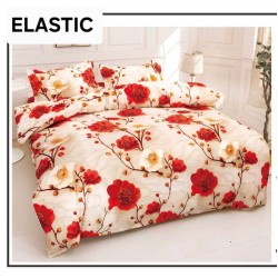 Set Lenjerie Pat Dublu Bumbac Satinat 4 Piese cu Cearșaf cu Elastic – Model Flori Roșii Elegante, LES-090