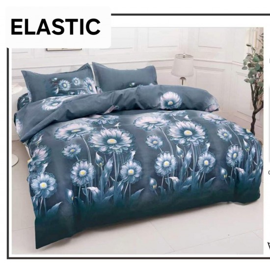 Set Lenjerie Pat Dublu Bumbac Satinat 4 Piese cu Cearșaf cu Elastic – Model Margarete Albe pe Fundal Gri, LES-092 3 lenjerii la 199 lei