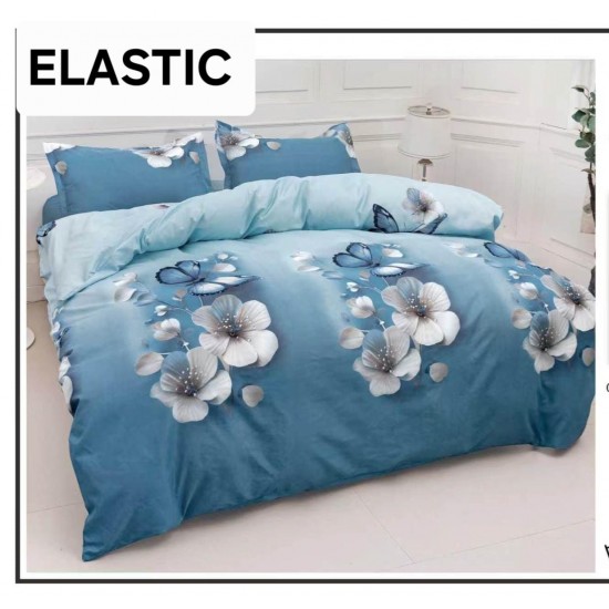 Set Lenjerie Pat Dublu Bumbac Satinat 4 Piese cu Cearșaf cu Elastic – Model Flori Albe și Fluturi Albaștri, LES-093 3 lenjerii la 199 lei