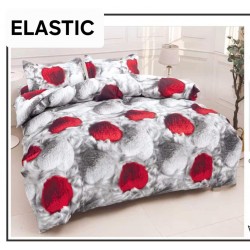 Set Lenjerie Pat Dublu Bumbac Satinat 4 Piese cu Cearșaf cu Elastic – Model Inimi Roșii 3D pe Fundal Gri, LES-094