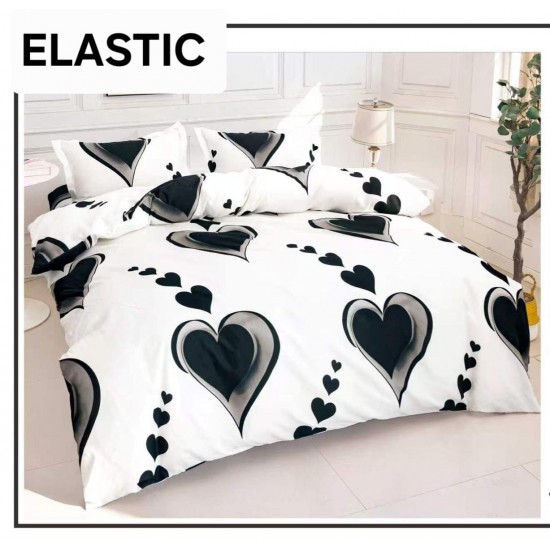 Set Lenjerie Pat Dublu Bumbac Satinat 4 Piese cu Cearșaf cu Elastic – Model Inimi Negre Elegante, LES-095 3 lenjerii la 199 lei