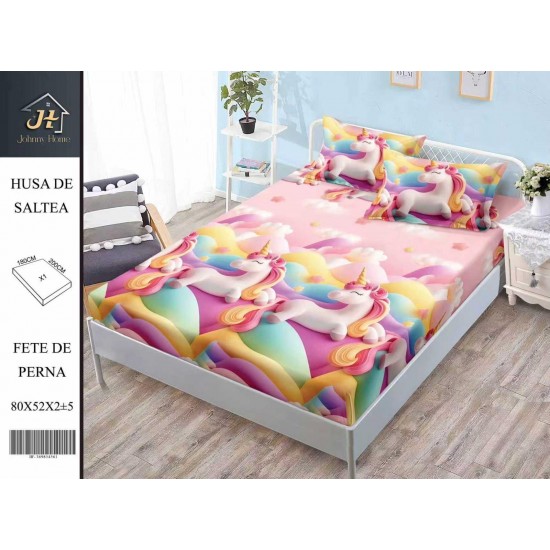 Husă Pat cu Elastic din Finet 180x200 cm + 2 Fețe de Pernă – Model Unicorn Curcubeu Roz, HDF-120 Huse Finet 180x200cm