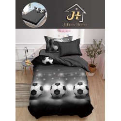Lenjerie Bumbac Finet Superior 4 Piese Pat 1 Persoană cu Cearșaf cu Elastic – Model Mingi de Fotbal, Negru-Gri, YEM-001