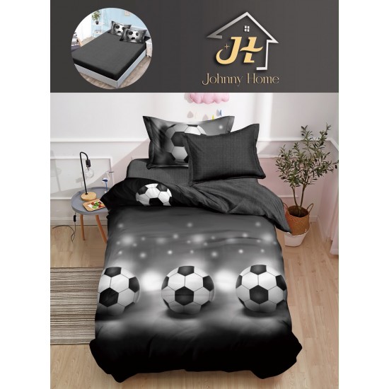 Lenjerie Bumbac Finet Superior 4 Piese Pat 1 Persoană cu Cearșaf cu Elastic – Model Mingi de Fotbal, Negru-Gri, YEM-001 Oferta Trio Mix 199