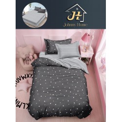 Lenjerie Bumbac Finet Superior 4 Piese Pat 1 Persoană cu Cearșaf cu Elastic – Model Triunghiuri, Gri Închis, YEM-003