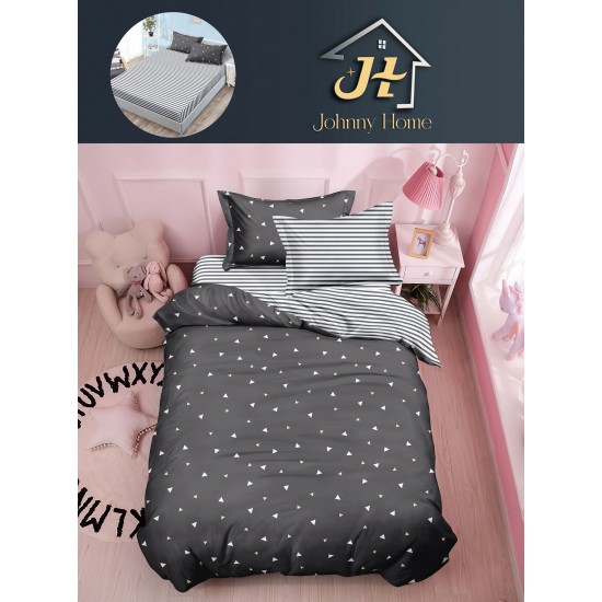 Lenjerie Bumbac Finet Superior 4 Piese Pat 1 Persoană cu Cearșaf cu Elastic – Model Triunghiuri, Gri Închis, YEM-003 Oferta Trio Mix 199