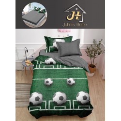 Lenjerie Bumbac Finet Superior 4 Piese Pat 1 Persoană cu Cearșaf cu Elastic – Model Fotbal, Verde-Gri, YEM-004