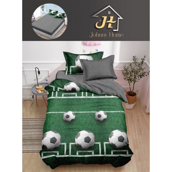 Lenjerie Bumbac Finet Superior 4 Piese Pat 1 Persoană cu Cearșaf cu Elastic – Model Fotbal, Verde-Gri, YEM-004 Oferta Trio Mix 199