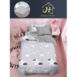 Lenjerie Bumbac Finet Superior 4 Piese Pat 1 Persoană cu Cearșaf cu Elastic – Model Steluțe și Norișori, Gri, YEM-005