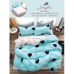 Lenjerie Bumbac Finet Superior 4 Piese Pat 1 Persoană cu Cearșaf cu Elastic – Model Inimi Negre, Turcoaz, YEM-006