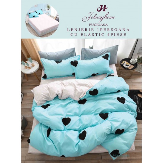 Lenjerie Bumbac Finet Superior 4 Piese Pat 1 Persoană cu Cearșaf cu Elastic – Model Inimi Negre, Turcoaz, YEM-006 Oferta Trio Mix 199