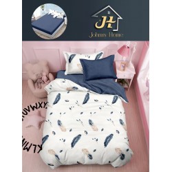 Lenjerie Bumbac Finet Superior 4 Piese Pat 1 Persoană cu Cearșaf cu Elastic – Model Pene, Alb-Bleumarin, YEM-007
