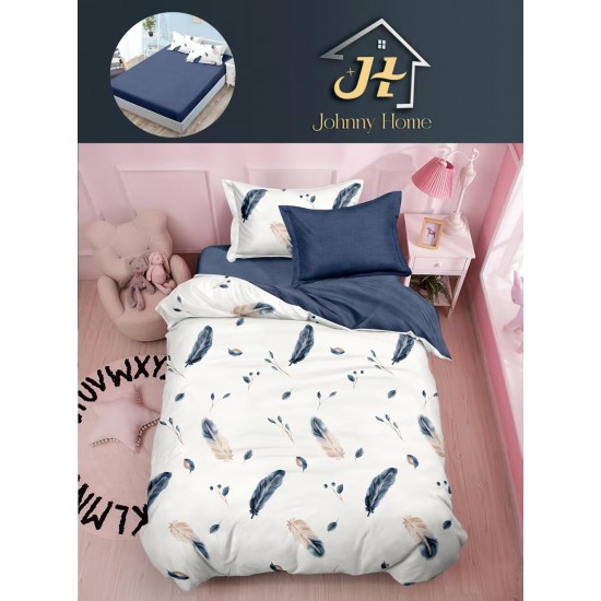 Lenjerie Bumbac Finet Superior 4 Piese Pat 1 Persoană cu Cearșaf cu Elastic – Model Pene, Alb-Bleumarin, YEM-007 Oferta Trio Mix 199